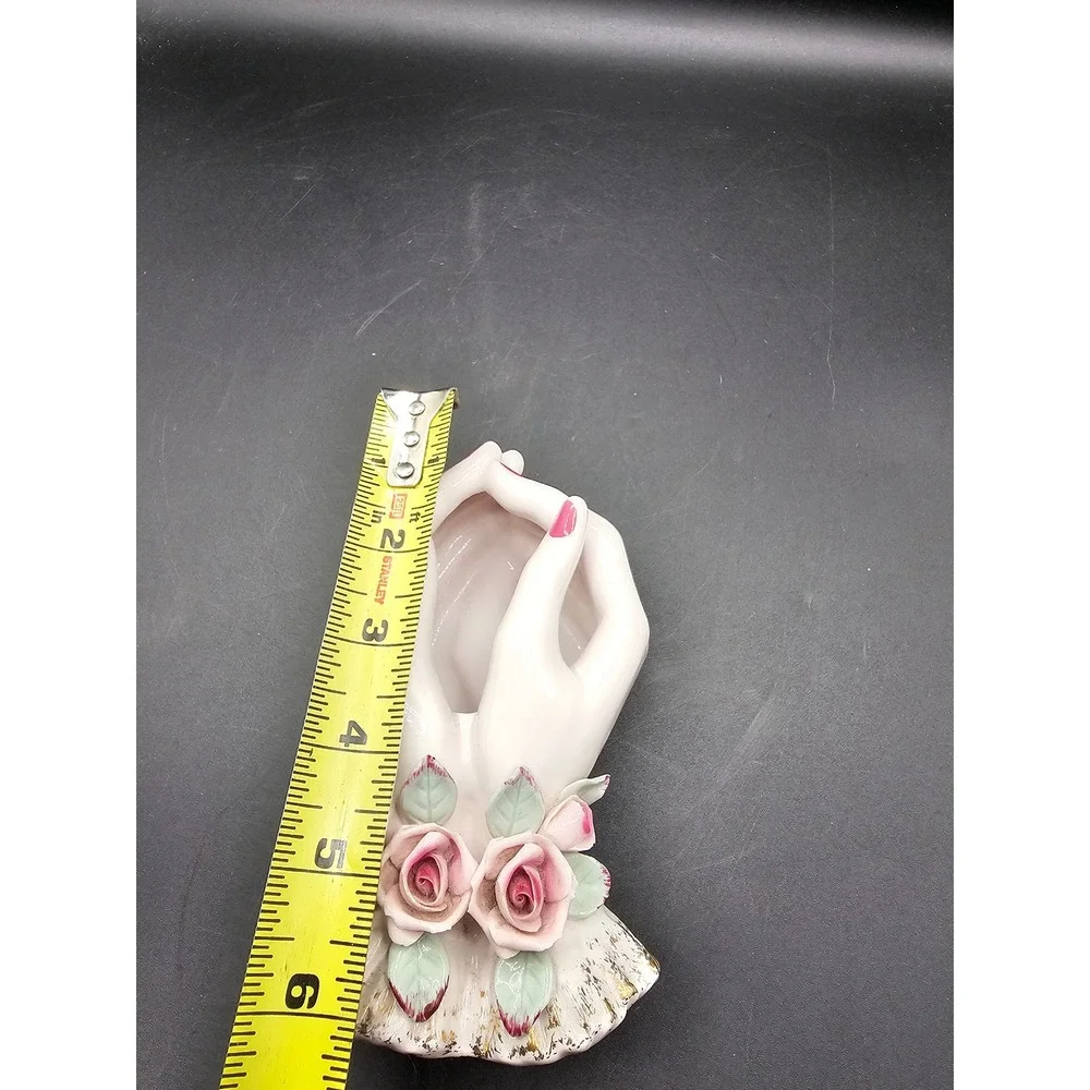 Vintage Lefton 714 Porcelain Hand Wall Pocket Vase Pink Roses Gold Trim Japan AB